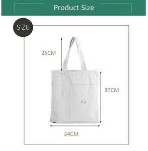 White canvas tote bag size guide showing 37x34cm dimensions and A4 capacity storage