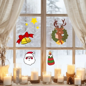 Christmas window stickers with Santa, reindeer and stars on a cozy snowy window background