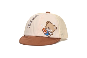 Adorable cartoon bear baby baseball cap with short brim and breathable mesh back