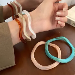Resin Bangle Bracelet Irregular Wave Shape Distorted Acrylic Marble Amber Texture Vintage French Retro Style For Women