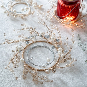 Elegant Christmas pearl crystal wreath ornament with gold wire for festive table decor