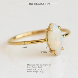 Macro detail of 925 sterling silver opal ring showing 3mm band width and 3x6mm stone size