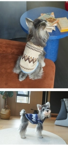 Detail of warm Fair Isle knit pet sweater vests in beige and navy for small dogs