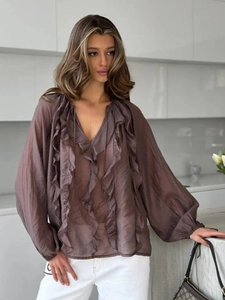 French V-neck sheer ruffle blouse in dark brown with lantern sleeves for elegant women