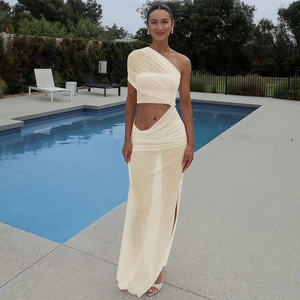 Women One Shoulder Mesh Top And High Slit Maxi Skirt Pleated Ruched Summer Beach Vacation Sexy Night Clubwear