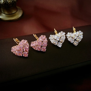 French style heart zircon earrings with sparkling pink and white gemstones and gold base