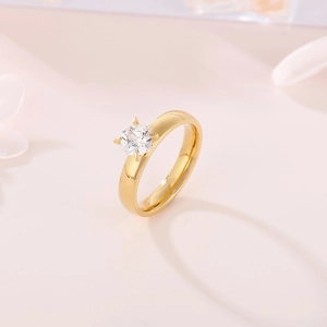 Detail of 4mm square zircon ring with four-prong setting in polished 18K gold plating
