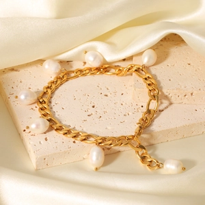 Anklet Natural Freshwater Pearl 18K Gold Plated Stainless Steel Figaro Chain Waterproof Elegant For Women