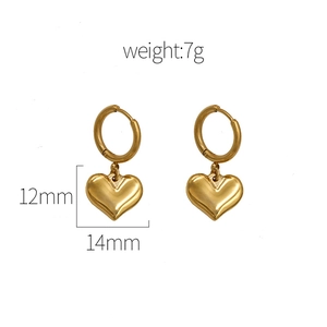 Chic gold-plated titanium heart drop earrings with polished finish on white background