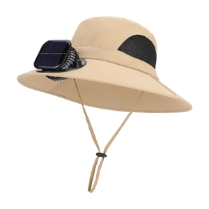 Solar powered wide brim fishing hat with built-in cooling fan in khaki color