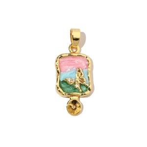 Detail of 18k gold plated rectangular pendant with enamel floral colors and zircon butterfly
