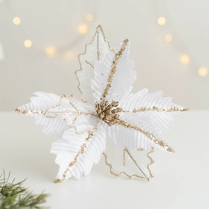 Fiore di Natale bianco 25cm con glitter dorati e paillettes per decorazione dell'albero