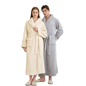 Thick couples coral fleece bathrobes with white fleece trim and waist belts for winter