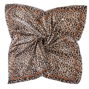 Elegant leopard print satin silk square scarf showing glossy drape and warm brown tones