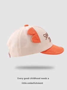 Detail of color-block baby baseball cap featuring 3D ears and Sugar embroidery