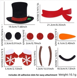 Detailed size chart for snowman felt wall decal set with dimensions and components