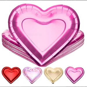 Detail of heart-shaped paper plates with metallic gold foil finish in multiple colors