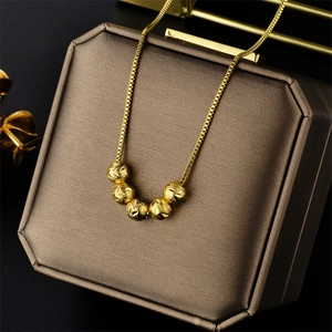 Retro Gold Plated Textured Round Bead Pendant Necklace Stainless Steel Box Chain Elegant Minimalist Jewelry For Women
