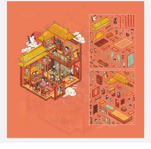 Detailed view of Chinese palace architecture stickers with miniature furniture and figures