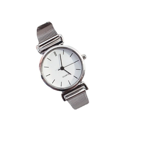 Elegant silver women's quartz watch with minimalist round white dial and mesh strap
