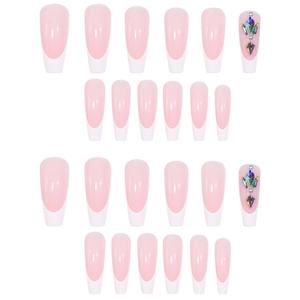 French tip coffin nails set with light pink base, white edges and colorful rhinestones