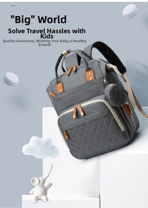 Detailed view of grey quilted diaper backpack with side pouch and large front pocket