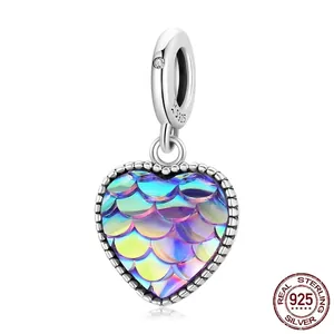 S925 sterling silver heart charm with iridescent fish scale texture and zircon inlay