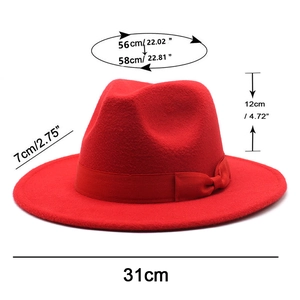 Detailed dimensions of red fedora hat with bow including brim and crown measurements