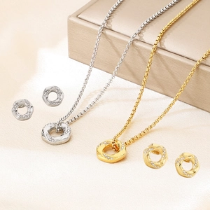 Stainless Steel Rhinestone Necklace And Stud Earrings Women Hollow Twisted Ring Geometric Pendant Elegant Jewelry