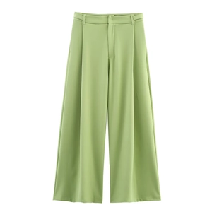 Pantalon large pour femme vert clair à taille haute en tissu de costume fluide élégant