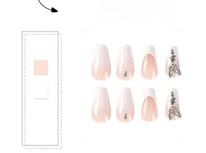 Detail of pink gradient press-on nails with 3D silver butterflies and rhinestones