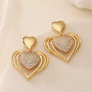 Elegant gold-plated double heart drop earrings with shimmering zircon pavé stones