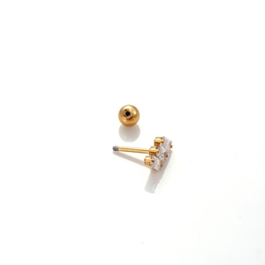 Golden stainless steel screw back ear stud featuring a geometric cubic zirconia design