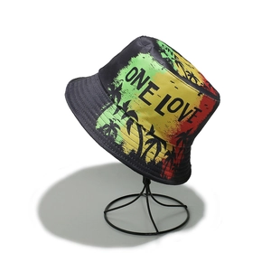 Detail of ONE LOVE reggae fisherman hat with coconut tree print and tricolor gradient