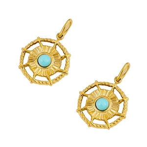 Detail of round gold stainless steel pendant with sunburst texture and blue turquoise stone