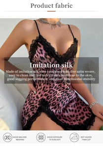 Pink leopard print satin nightgown with black lace trim and graphical washing instructions