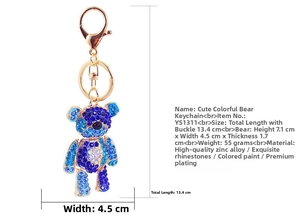 Detail view of blue rhinestone bear keychain showing dimensions and zinc alloy material