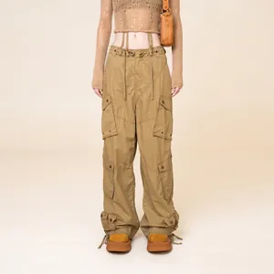 Cargo Pants Women Cotton Adjustable Multi Pocket High Waist Wide Leg Retro Streetwear Khaki Trousers
