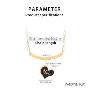 Detailed dimensions of gold paperclip chain necklace with black heart Love pendant