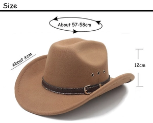Detailed size chart for the brown western cowboy hat showing brim and crown measurements