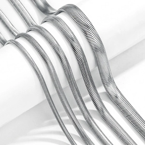 Multiple silver stainless steel flat snake chains in various widths on white background