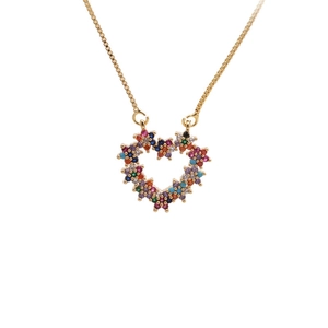 Golden heart pendant necklace with colorful zircon stones on a fine box chain