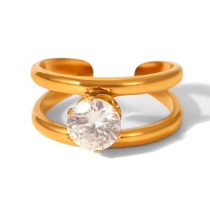 Detailed view of dual-layer gold-plated ring with a sparkling round-cut center zircon stone