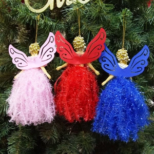 Three 3D Christmas angel doll pendants with lace wings hanging on a green tree