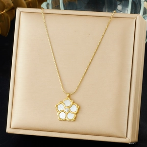 Stainless Steel Necklace With White Mother Of Artificial Pearl Camellia Flower Pendant Zircon Inlaid Gold Plated Elegant Minimalist Jewelry For Women