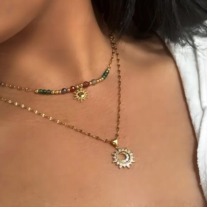 Double-layer 18k gold stainless steel necklace with sun pendant and colorful gemstones