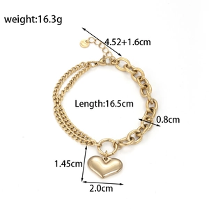 Gold stainless steel heart pendant bracelet with chunky chain and measurement details
