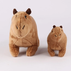 Front view of large and small brown plush capybara stuffed animals on white background