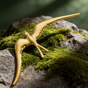 Détail d'une broche hirondelle dorée sur mousse verte avec une finition en métal mat