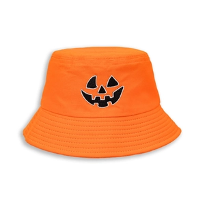 Orange bucket hat with black Halloween pumpkin embroidery and wide brim for sun protection